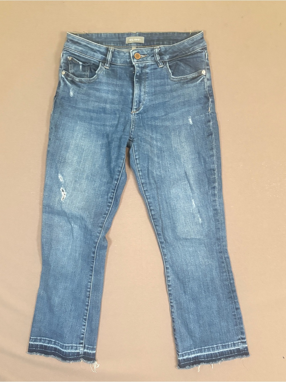 DL1961 Women’s Jeans 27 Slim Straight Distressed Raw Hem Cropped Denim Whiskered